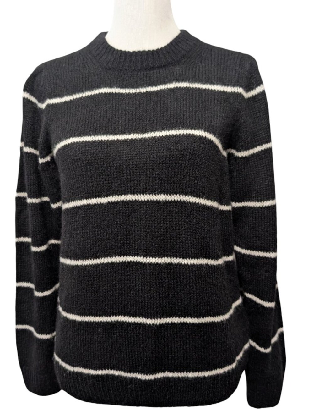 Nation LTD Womens Sz S Black White Striped Baby Alpaca Merino Wool Crew Sweater